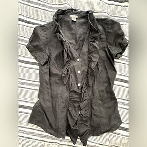 Ann Taylor Black Ruffle Button Blouse